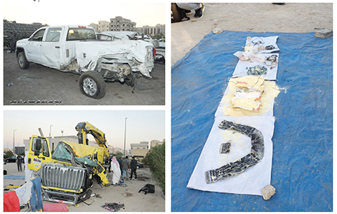 KUWAIT: The truck used by the suspect in the failed suicide attack (bottom left), the pickup carrying the US soldiers (top left) and explosives including a suicide belt (right) are seen yesterday. - MoI