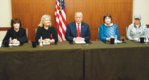 ST LOUIS: Republican presidential candidate Donald Trump, center, sits with, from right, Paula Jones, Kathy Shelton, Juanita Broaddrick, and Kathleen Willey, before the second presidential debate with democratic presidential candidate Hillary Clinton at Washington University. — AP