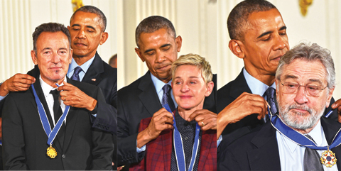 Obama Honors 21 Americans With Presidential Medal of Freedom US President Barack Obama presents Singer Bruce Springsteen,  actress and comedian Ellen DeGeneres and actor Robert De Niro with the Presidential Medal of Freedom.
