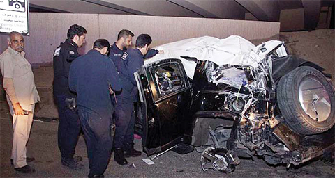 KUWAIT: The victims’ vehicle is pictured following the accident.