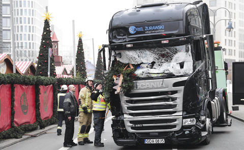 BERLIN: View of the truck that crashed the evening before into a Christmas market at Gedächtniskirche church. - AFP 