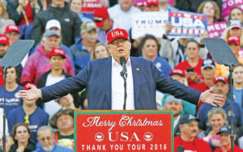 MOBILE: In this Dec 17, 2016, photo, President-elect Donald Trump speaks during a rally at the Ladd-Peebles Stadium. —AP