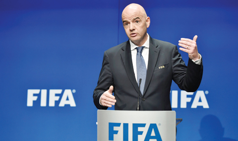 ZURICH: FIFA President Gianni Infantino speaks during a press briefing after a meeting of the FIFA executive council yesterday at FIFA headquarters. – AFP 