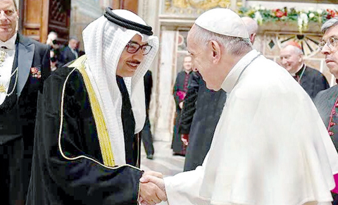 VATICAN CITY: Pope Francis of the Roman Catholic Church meets with Kuwaiti Ambassador to Switzerland and non-resident ambassador to the Vatican Bader Al-Taneeb. —KUNA