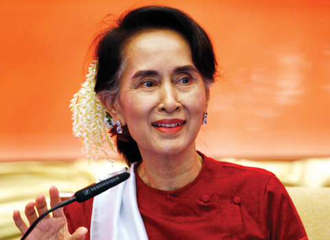 MYANMAR: Myanmar State Counselor Aung San Suu Kyi speaks during the Peace Talks at the Myanmar International Convention Centre in Naypyitaw, Myanmar. —AP