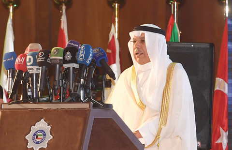 KUWAIT: Deputy Prime Minister and Interior Minister Sheikh Khaled Al-Jarrah Al-Sabah speaks during the conference. — Photo by Yasser Al-Zayyat