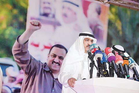 KUWAIT: Freed opposition leader Musallam Al-Barrak addresses supporters at a rally yesterday. ñ Photo by Yasser Al-Zayyatn