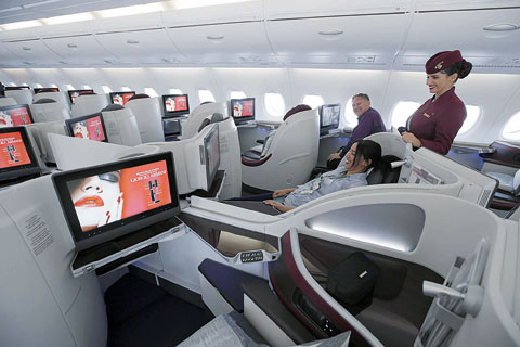 PARIS: This Wednesday, June 17, 2015, file photo shows an interior view of the Business Class seats on the second floor deck of an Airbus A380 of Qatar Airways presented at the Paris Air Show. —AP