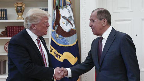 File photo of Donald Trump and Russian Ambassador Sergey Lavrov during a closed meeting in the Oval Office. Picture: AFP/Russian Foreign MinistrySource:AFP