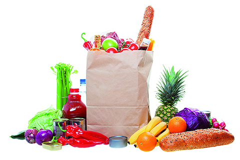 A paper bag full of groceries, surrounded by a panorama of fruits, vegetables, bread, bottled beverages, and canned goods.  White background with light drop shadow.