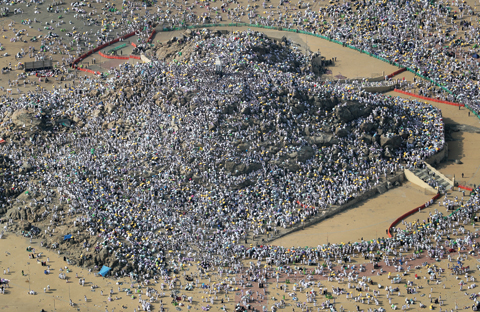 An aerial view shows pilgrims gathering on Mount Arafat on Arafat Day yesterday, which is the climax of the hajj pilgrimage — AFP