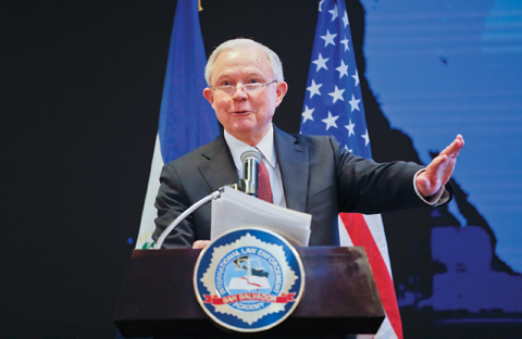 SAN SALVADOR: In this July 28, 2017 file photo, Attorney General Jeff Sessions speaks. —AP