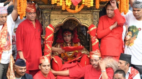 © AFP/File | Once she is anointed a living goddess, the Kumari is only allowed to leave her new home 13 times a year on special feast days, when she is paraded through Kathmandu in ceremonial dress and elaborate makeup to be worshipped