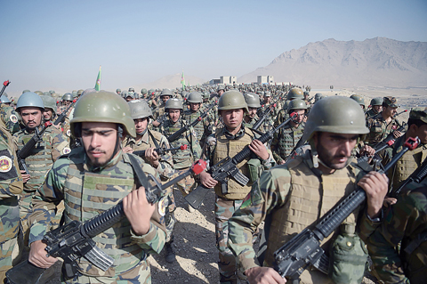 KABUL: Afghan National Army (ANA) soldiers march during a military exercise at the Kabul Military Training Centre (KMTC) on the outskirts of Kabul. —AFP