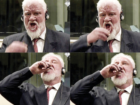 THE HAGUE: Video-grabs taken from live footage show Croatian former general Slobodan Praljak swallowing what is believed to be poison during his judgement at the UN war crimes court yesterday. - AFP