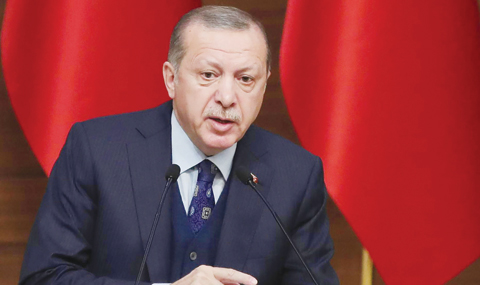 ANKARA: President of Turkey Recep Tayyip Erdogan addresses the 42nd Mukhtars’ Meeting at the Presidential Complex yesterday. - AFP