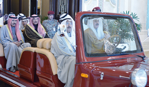His Highness the Amir Sheikh Sabah Al-Ahmad Al-Jaber Al-Sabah checks on preparations for 38th GCC summit at Al-Tahrir Hall at Bayan Palace