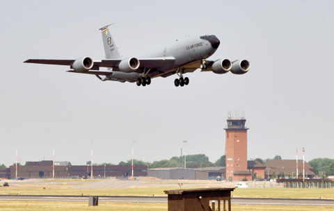 MILDENHALL: A handout picture released by the US Air Force shows a KC-135 Stratotanker taking off for an aerial refueling mission over the North Sea from Royal Air Force (RAF) Mildenhall in east England. British police arrested a man at a US air base in eastern England on Monday after a car apparently drove into a checkpoint gate, prompting military personnel to open fire, various sources said on December 18, 2017. — AFP