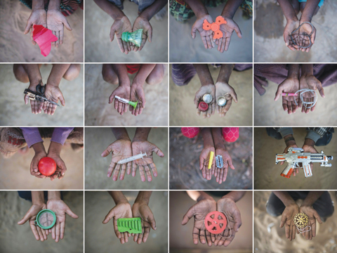 COX’S BAZAR: This combination of pictures shows Rohingya children holding objects they use as toys to play with in refugee camps in Bangladesh’s Cox’s Bazar. —AFP