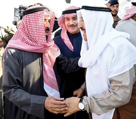 KUWAIT: Sheikh Ali Al-Jaber Al-Ahmad Al-Sabah welcomes His Highness the Amir Sheikh Sabah Al-Ahmad Al-Jaber Al-Sabah at his Azayez Farm in Abdali yesterday. — Amiri Diwan photos