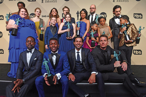 The cast winner of Outstanding Performance by an Ensemble in a Drama Series for “This Is Us,” pose in the press room at the 24th Annual Screen Actors Guild Awards at the Shrine Exposition Center on Sunday in Los Angeles, California. — AFP photos