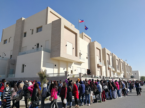 KUWAIT: People lined up outside the Philippines’ embassy in Kuwait yesterday on the first day of an amnesty announced by the Interior Ministry for visa violators. —Photo by Ben Garcia