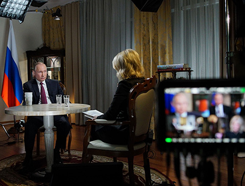 MOSCOW: Russia's President Vladimir Putin speaks with US NBC news network anchor Megyn Kelly at the Kremlin on March 1. - AFP 