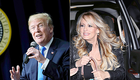 WASHINGTON: This combination of pictures shows US President Donald Trump speaking at The Generation Next event, in Washington, DC, and actress Stephanie Clifford, who uses the stage name Stormy Daniels, arriving to perform at the Solid Gold Fort Lauderdale strip club in Pompano Beach, Florida. —AFP