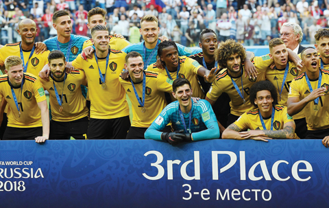SAINT PETERSBURG: Belgium's players pose with their medals after their Russia 2018 World Cup play-off for third place football match between Belgium and England at the Saint Petersburg Stadium in Saint Petersburg Yesterday. – AFP