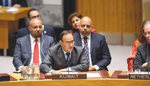 NEW YORK: Kuwait’s Permanent Representative to UN Ambassador Mansour Al-Otaibi delivers Kuwait’s speech before the United Nations’ session on Syria. — KUNA