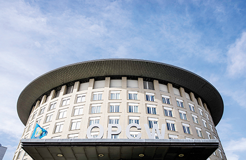 (FILES) This file photo taken on April 4, 2018 in The Hague shows the headquarters of Organisation for the Prohibition of Chemical Weapons (OPCW). - Global powers are set to clash next week as the world's chemical arms watchdog meets for the first time since it was rocked by allegations of Russian spying. (Photo by Bart Maat / ANP / AFP) / Netherlands OUT