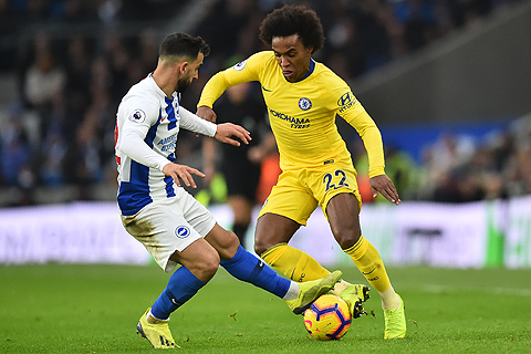BRIGHTON: Brighton's Spanish defender Martin Montoya (L) vies with Chelsea's Brazilian midfielder Willian (R) during the English Premier League football match between Brighton and Hove Albion and Chelsea at the American Express Community Stadium in Brighton, southern England yesterday. – AFP