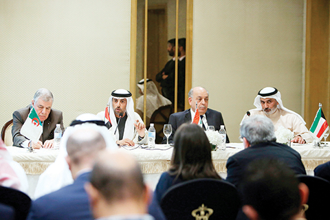 UAE minister of energy &amp; industry Suhail al- Mazrouei (2nd-L) speaks during a joint press conference with Iraqi oil minister Thamer Ghadban (2nd-R), Algerian energy minister Mustapha Guitouni (1st-L) and OPEC governor for Kuwait Haitham al-Ghais, at the end of the Organization of Arab Petroleum Exporting Countries (OAPEC) meeting in Kuwait City on December 23, 2018. (Photo by Yasser Al-Zayyat / AFP)