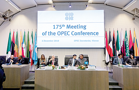 VIENNA: OPEC President and Energy Minister of the United Arab Emirates Suhail al-Mazrouei (fourth right) opens the 175th OPEC Conference of Organization of the Petroleum Exporting Countries (OPEC) in Vienna, Austria yesterday. —AFP