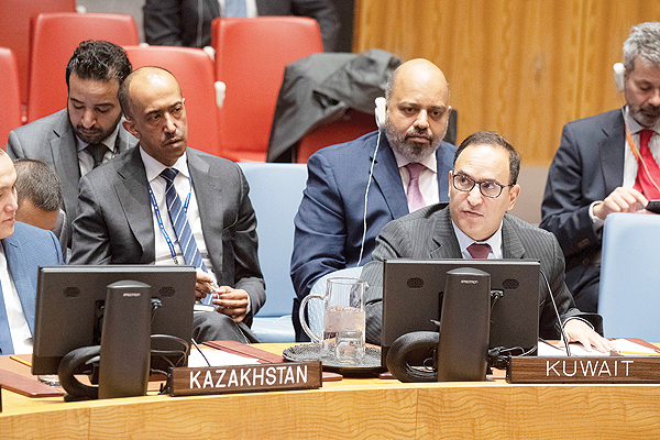 NEW YORK: Permanent Representative to the UN Ambassador Mansour Al-Otaibi addresses a UN Security Council session to discuss the situation in Yemen. — KUNA