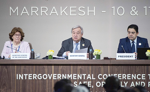 MARRAKECH: UN Secretary-General Antonio Guterres (center) speaks as Moroccan Minister of Foreign Affairs Nasser Bourita (right) and Special Representative of the UN Secretary-General for International Migration Louise Arbour listen during the UN conference on migration yesterday. - AFP n