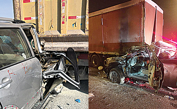 KUWAIT: A sports utility vehicle crashed into a truck in an accident reported on the Seventh Ring Road (Right) A vehicle crashed into the rear of a truck in an accident reported on King Fahd Highway