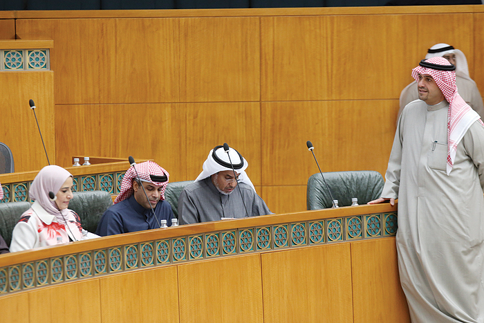 KUWAIT: (From left) Ministers of economic affairs Mariam Al-Aqeel, oil Khaled Al-Fadhel, social affairs Saad Al-Kharraz and cabinet affairs Anas Al-Saleh attend yesterday’s parliament session. — Photo by Yasser Al-Zayyat