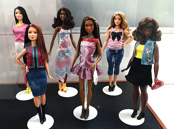 Barbie doll prototypes are displayed at a workshop in the Mattel design center