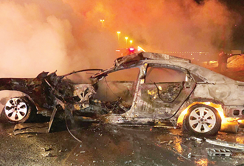 KUWAIT: A vehicle burning after an accident reported on Abdali-Mutlaa Road