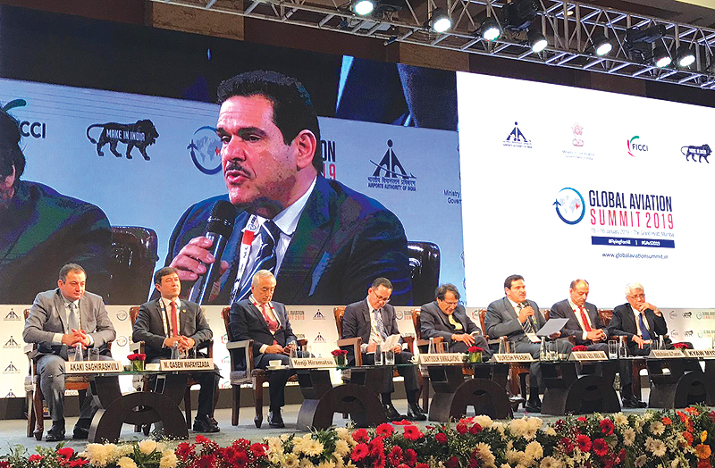 NEW DELHI: Sheikh Salman Sabah Al-Salem Al-Humoud Al-Sabah speaks during a session held as part of the Global Aviation Summit - 2019 in Mumbai, India. — KUNA