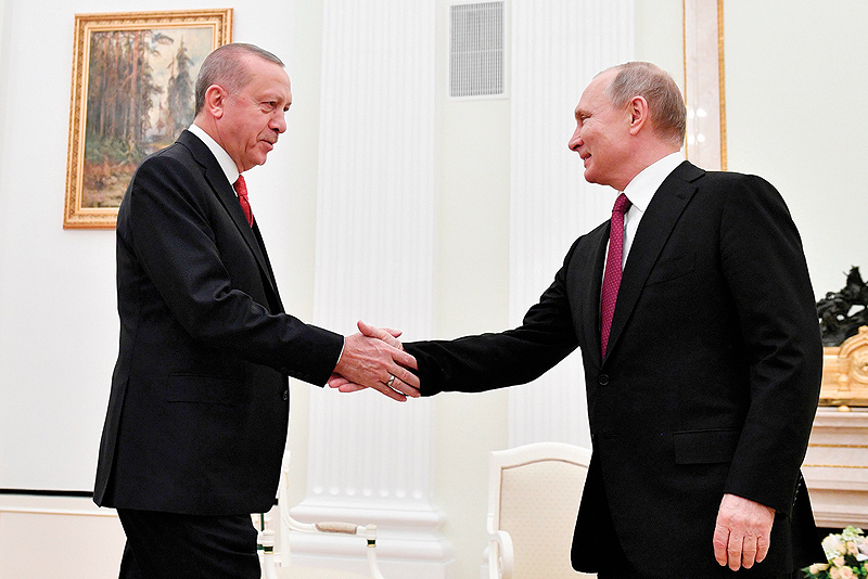 MOSCOW: Russian President Vladimir Putin meets his Turkish counterpart Recep Tayyip Erdogan at the Kremlin yesterday. – AFP 