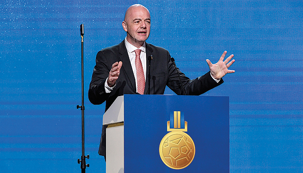 DUBAI: FIFA president Gianni Infantino speaks during a session of the 13th edition of the Dubai International Sports Conference, at Madinat Jumeirah in Dubai yesterday. - AFPn