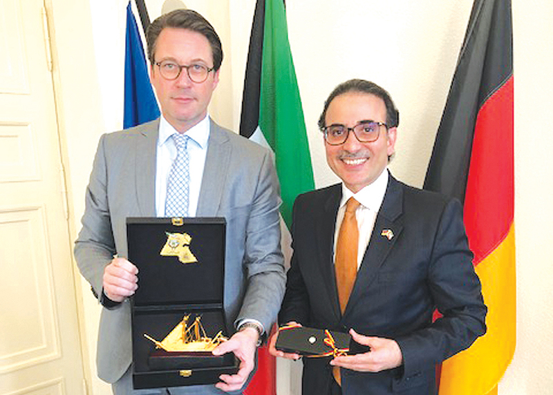 BERLIN: Germany's Federal Minister of Transport and Digital Infrastructure Andreas Scheuer meets with Kuwaiti Ambassador to Germany Najeeb Al-Bader. - KUNA