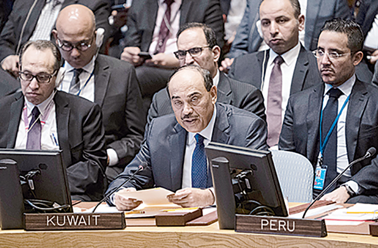 Kuwait's Foreign Minister Sabah Al Khalid Al Sabah speaks at a United Nations Security Council meeting, addressing the impacts of climate-related disasters on international peace and security, January 25, 2019 at the United Nations in New York. (Photo by Don EMMERT / AFP)