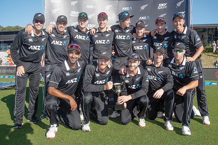 NELSON: New Zealand's players pose for a photo after winning the ODI series against Sri Lanka after their third ODI cricket match at Saxton Field in Nelson yesterday. - AFP