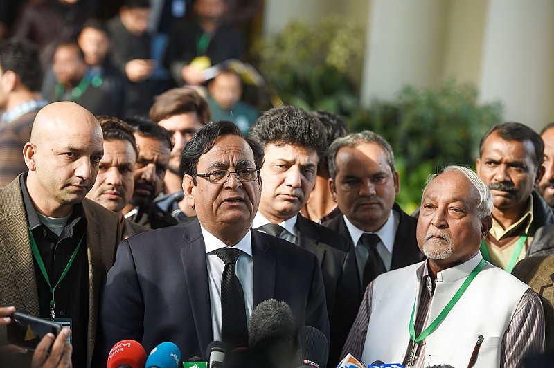 ISLAMABAD: Saif-ul-Mulook, the lawyer of Pakistani Christian Asia Bibi, speaks to the media outside the Supreme Court yesterday. - AFP 