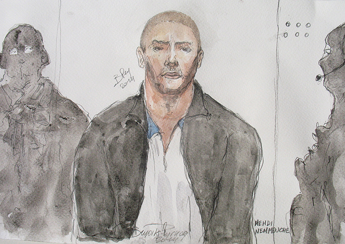 VERSAILLES: This file court drawing made on June 26, 2014, shows Mehdi Nemmouche (C), the 29-year-old suspected gunman in a quadruple murder at the Brussels Jewish Museum, during a court hearing. —AFP