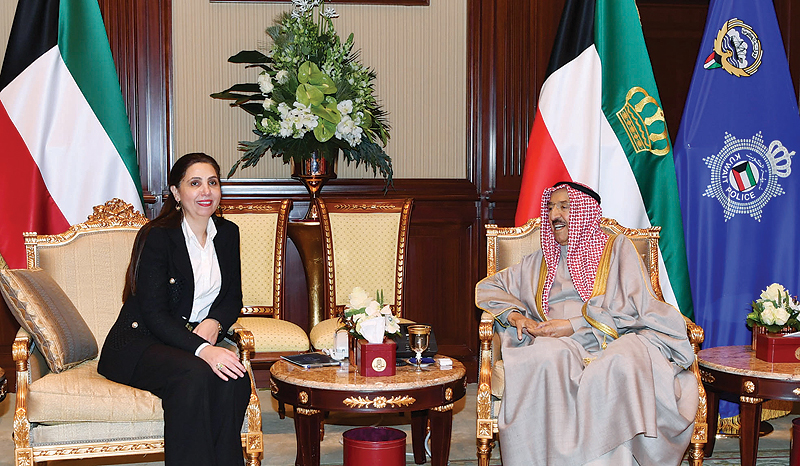 KUWAIT: HH the Amir Sheikh Sabah Al-Ahmad Al-Jaber Al-Sabah receives newly-appointed Executive Secretary of the UN Economic and Social Commission for Western Asia (ESCWA) Rola Dashti at Bayan Palace yesterday.—- KUNA