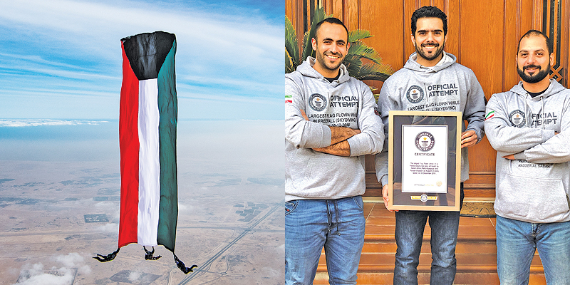 KUWAIT: (Left) The Kuwaiti Army officers hold the Kuwaiti flag during their record-breaking skydive (Right)The Kuwaiti Army officers pose with their Guinness World Record certificate — KUNA photos